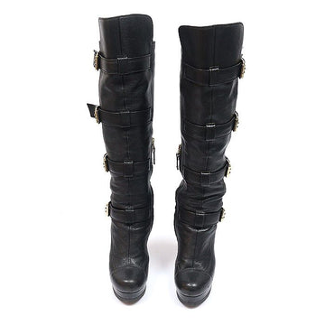 FENDI Schwarze Leder Schnallen Über das Knie Plattform Damen Stiefel 36.5 158298831 [P]