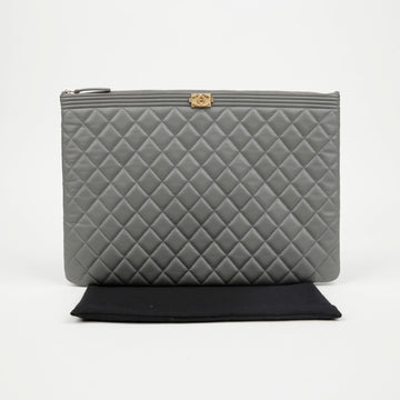 CHANEL Lambskin Boy Large Clutch Gray with Gold Hardware 158089035 [P]