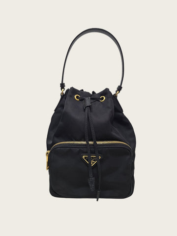 PRADA Schwarze Nylon Dreiecklogo Gold Duo Bucket Bag 158337225 [P]