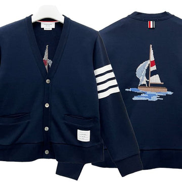 Thom Browne Diagonal Stripe 4-Bar Loopback Boat Embroidery Cardigan Navy (MJT582E 00535 415) 158340086 [P]