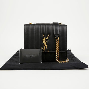 Saint Laurent Medium Leather Vicky Chain Shoulder Crossbody Bag Black Gold Tone 158192443 [P]