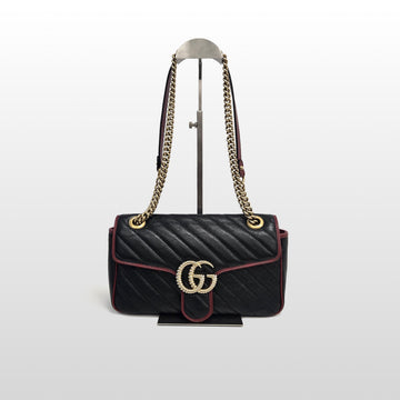 GUCCI GG Marmont Matelassé Leder Kleine Kette Schultertasche Schwarz 443497 158399540 [P]
