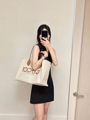 GUCCI ミディアムトートバッグプリントコットンリネンキャンバスベージュライトブラウン772176 158399768 [P]