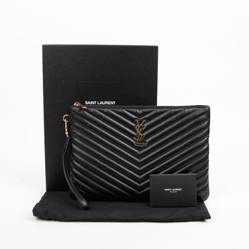 SAINT LAURENT Kassandra Matelassé Leder Tablet Pouch Schwarz Goldton 158335778 [P]