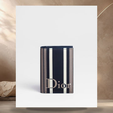 Dior Riviera Bi-Fold Card Holder Gray & Blue Stripe Calfskin Marquetry 158406189 [P]