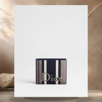 DIOR Bifold Geldbörse grau & blau gestreiftes Kalbsleder Marqueterie 158406763 [P]