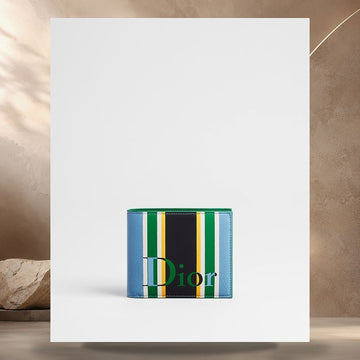 Dior Riviera Bi-Fold Wallet Black, Light Blue, Green, Yellow Stripe Calfskin Marquetry 158406767 [P]