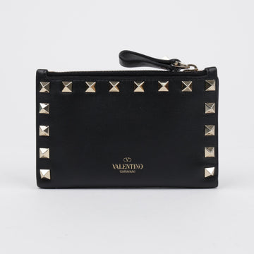 Valentino Rockstud Zip Calfskin Card Holder Black 158335956 [P]