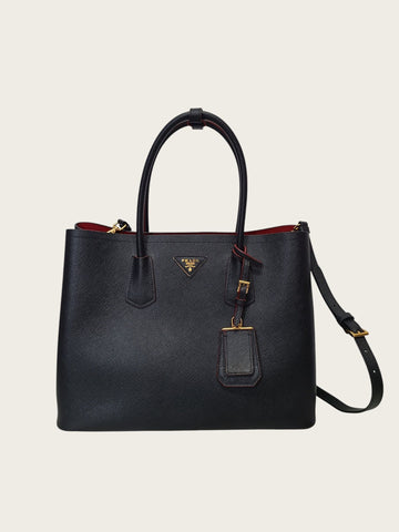 Prada Black Saffiano Gold Double Tote Shoulder Bag Medium 158409737 [P]
