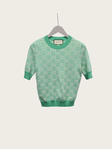 Gucci Mint GG Jacquard Cotton Wool Blend Knit Sweater Short Sleeve 158480333 [P]