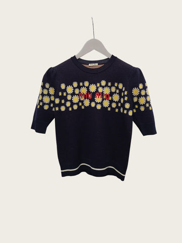 Miu Miu Navy Intarsia Daisy Knit Sweater Short Sleeve 158480460 [P]