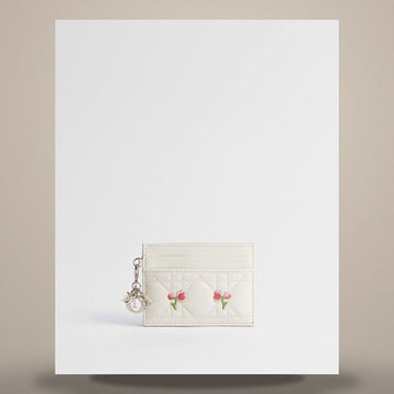 DIOR フリジアカード財布 ホワイトカナージュラムスキン マルチカラー ドーブ & ローズモチーフ刺繍 158480551 [P]