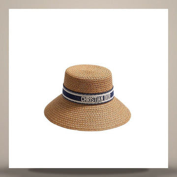 DIOR Weitkrempiger Hut mit blauen und weißen gestickten Band, Stroh 158481962 [P]