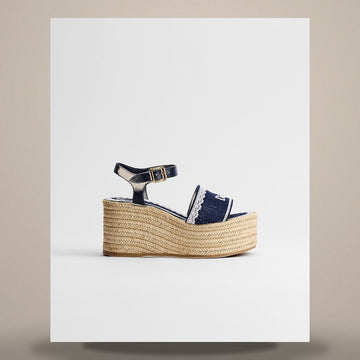 DIOR Wedge Sandalen in Marineblau mit Oblique Stickerei aus Baumwolle und weißer Spitze 158482311 [P]