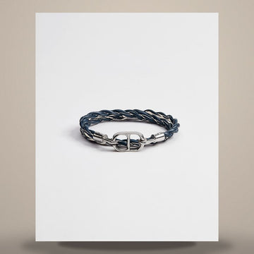 DIOR アイコンブレイドレザー ダブルブレスレット ネイビーブルー カーフスキン & シルバーフィニッシュブラス 158482774 [P]