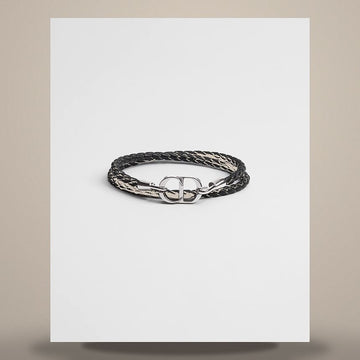DIOR CD Icon geflochtenes Leder Doppelarmband schwarz Leder & silberfarbige Messing-Oberfläche 158482825 [P]