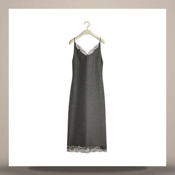 DIOR Gerader Midikleid in Kopfgrau Woll-Kaschmir-Feinleder und schwarzer Spitze 158482915 [P]