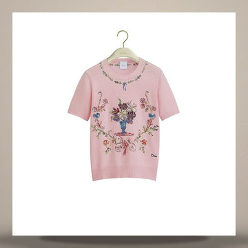 DIOR Kurzarm-Strickpullover mit Stickerei aus Kaschmir in Rosa und multicolor arabesken Motiv 158483020 [P]