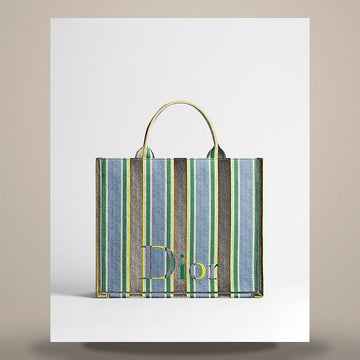 Dior Riviera Book Tote Strap Bag Medium Black, Light Blue, Green, Yellow Oblique Stripe Jacquard (14.2 × 12.4 × 5.5 in) 158495935 [P]