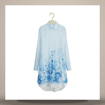 DIOR Langarmbluse Weiß & Marineblau Tüll De Jouy Floral Garden Baumwolle Musselin 158496335 [P]