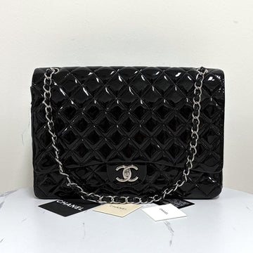 CHANEL Classic Patent Leather Silver Tone Shoulder Bag Black 158502711 [P]