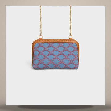 Celine Chain Clutch - Triomphe All Over Textile & Natural Calfskin Denim Blue / Red 10E383N10.GHU9 158505633 [P]