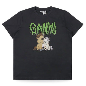 Ganni Women's Basic Jersey Horse Cotton Short Sleeve T-Shirt (Charcoal) A1050048 252 154385746 [P]