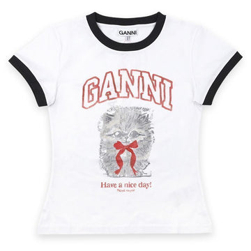 GANNI レディースキティプリントクロップ半袖（ホワイト） A1050030 151 150975784 [P]