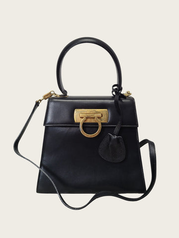 SALVATORE FERRAGAMO Schwarze Leder Goldene Gancini Top Handle Kelly Bag Klein 158542913 [P]