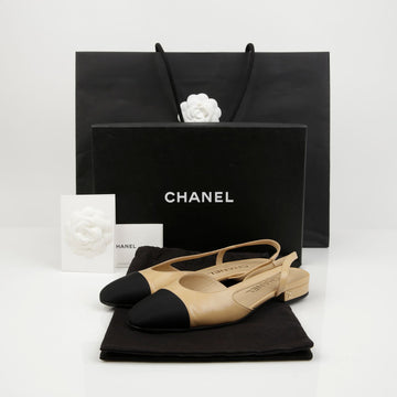 CHANEL Klassische Zwei-Ton Ziegenleder Damen Slingback Niedrig Absatz Beige Schwarz 158376455 [P]