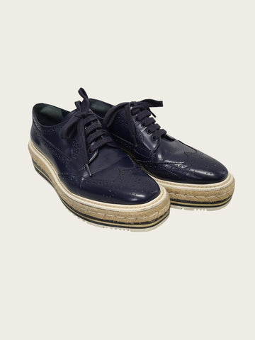Prada Navy Calfskin Espadrille Wingtip Clipper Shoes 158579611 [P]