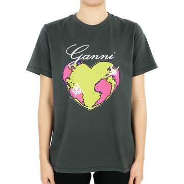 GANNI Damen Herz-Logo Grafikdruck Kurzarm T-Shirt (Grau/Gelb) T3770 490 73819259 [P]