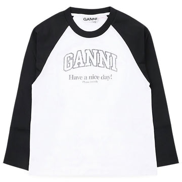 GANNI レディースロゴラグラン長袖(ホワイト/ブラック) A1050058 151 153692086 [P]