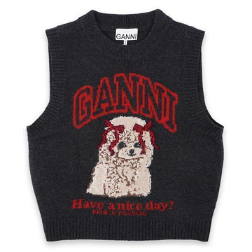 Ganni Women’s Puppy Graphic Wool Knit Vest (Black Sand) A1070044 052 150776012 [P]