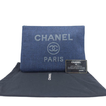 CHANEL Deauville Medium Canvas Pouch Clutch Bag O Case Navy A81980 158587856 [P]