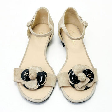 CHANEL ベージュ カメリア スエード サンダル 38 250 4VCHS32215 123521295 [P]