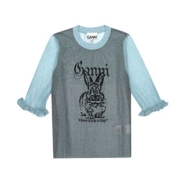 GANNI Bunny Logo Sheer Jacquard Top Damen Kurzarmshirt K2501 326 144592019 [P]