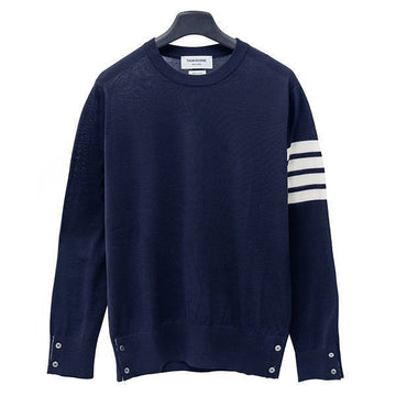THOM BROWNE Navy Milano Stitch Cotton 4-Bar Crew Neck Pullover 41290409 [P]