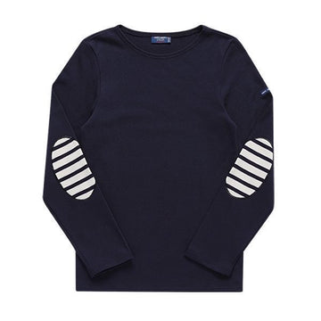 Saint James Long Sleeve 0844 NAVY ECRU NAVY Meridians Modern Stripe Elbow Patch Long Sleeve Tee 139818312 [P]