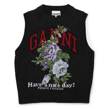 GANNI ダークグレー ローズ ウール ベスト 150946584 [P]