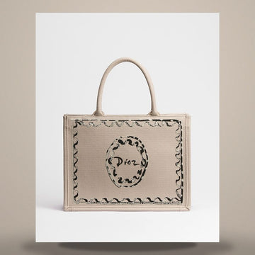 DIOR Riviera Book Tote Strap Bag Medium Beige Painted Ribbon Embroidery 158666090 [P]
