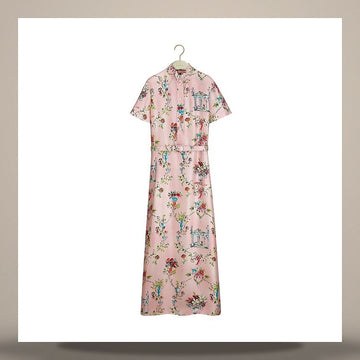 Dior Long Belt Shirt Dress Pink Silk Twill & Multi-Color Arabesque Motif 158666346 [P]