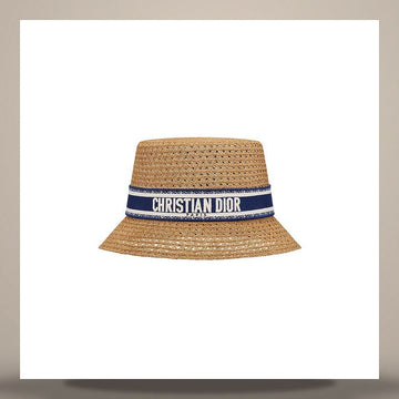 Dior D-Bobby Narrow Brim Hat Straw & Navy Blue, Ecru Embroidered Band 158666760 [P]