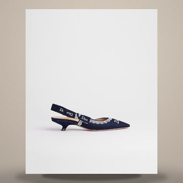 Dior Slingback Pumps Blue Oblique Embroidered Cotton & White Lace 158666786 [P]