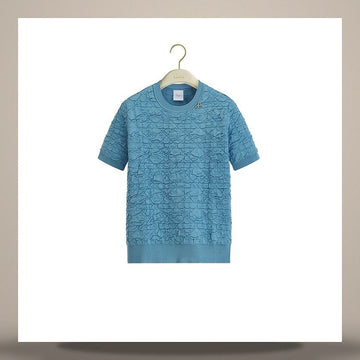 Dior Macro Cannage Short Sleeve Sweater Blue Silk Blend Knit 158667525 [P]