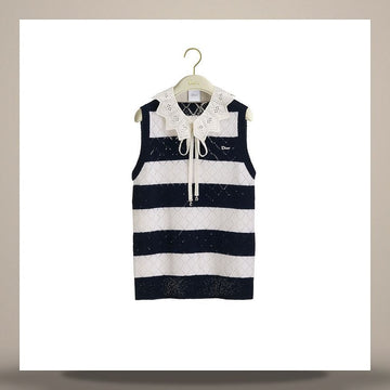 Dior Marinière Sweater Vest White & Navy Blue Openwork Cashmere Knit 158667528 [P]