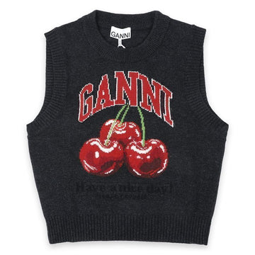 GANNI ウィメンズ チェリー グラフィック ウール ニット ベスト(ファントム) A1070264 252 150776014 [P]