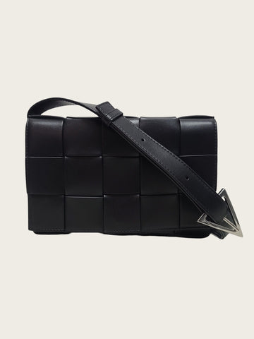 BOTTEGA VENETA ブラック パラケット トゥートン レザー インテレッチャート ウィービング カセットバッグ 158677767 [P]