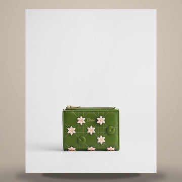 Dior Jardin Dahlia Wallet Green & Ballet Pink Waterlily Embroidery Cannage Lambskin 158713469 [P]