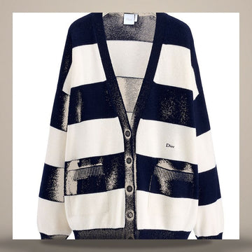 DIOR オーバーサイズカーディガン ネイビーブルー＆ホワイトストライプ カシミアジャージニット 158713636 [P]